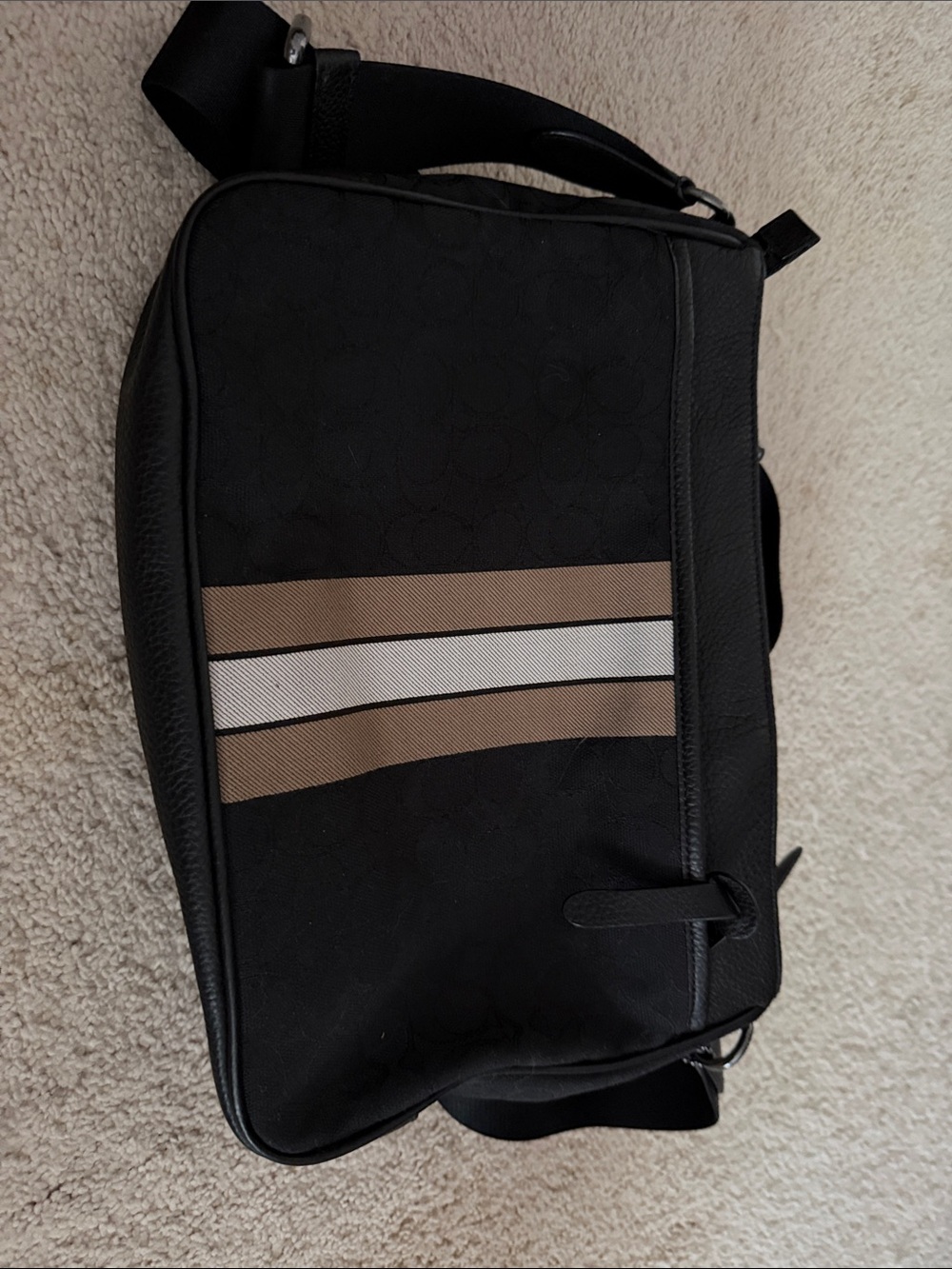 Coach Black Messenger Bag with Tan and White Stripes